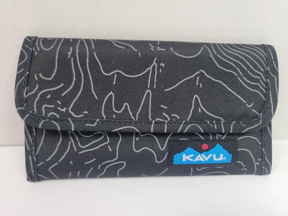 Kavu Womens Big Spender Wallet Black Topo Map Canvas Tri-Fold Clutch